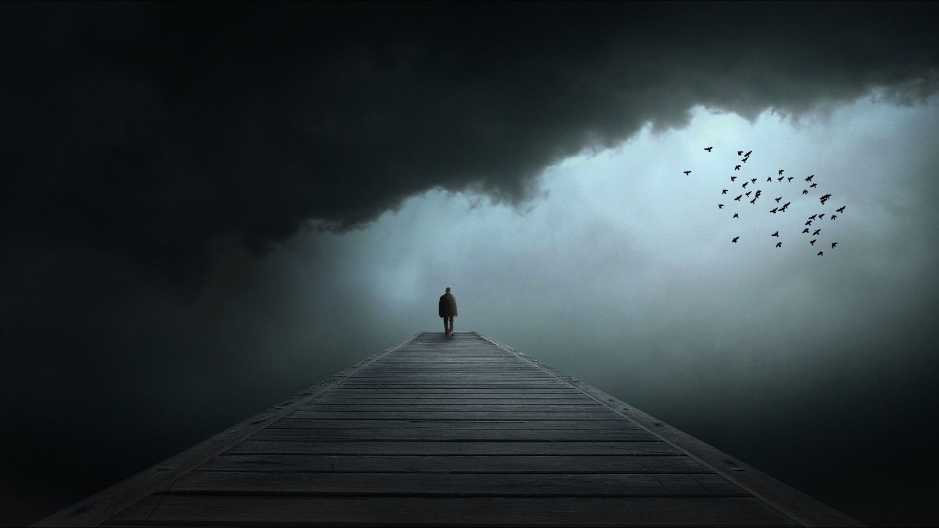 Dark, Alone, Sad, Birds, Clouds, Loneliness - Alone Man In Dark - HD Wallpaper 