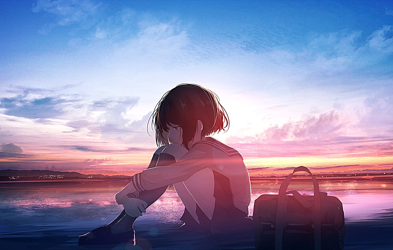 Photo Wallpaper Sea, The Sky, Girl, School Uniform, - Wallpaper - HD Wallpaper 