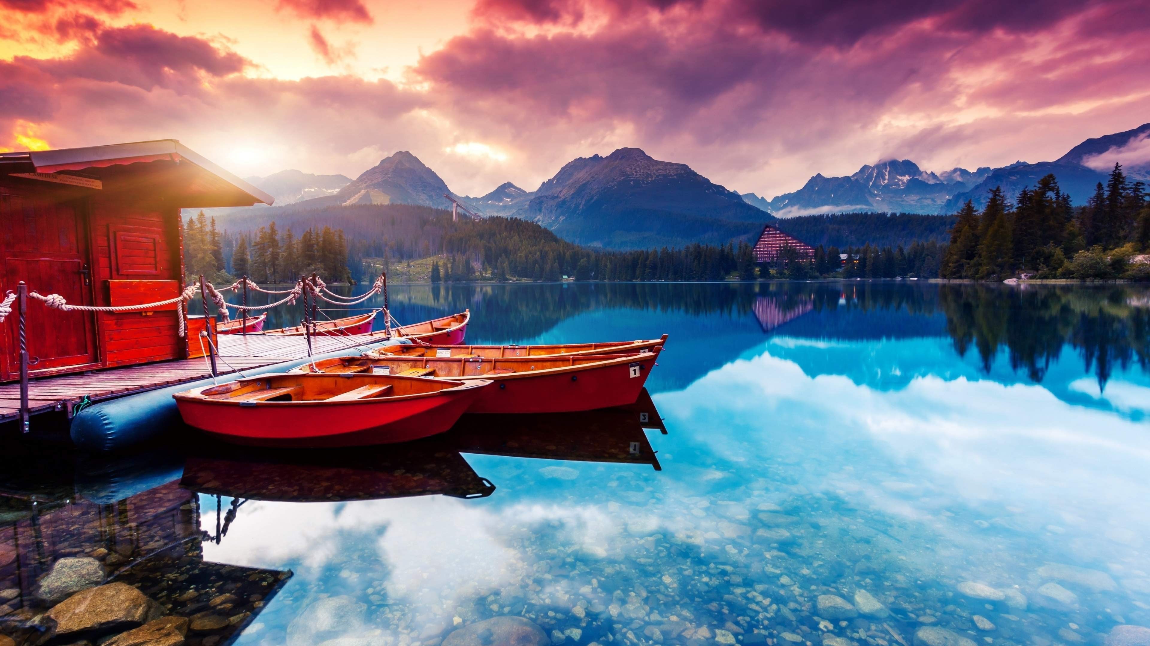 3840x2160, Lake Boat Beautiful Scenery 4k Ultra Hd - Peaceful Mountain - HD Wallpaper 