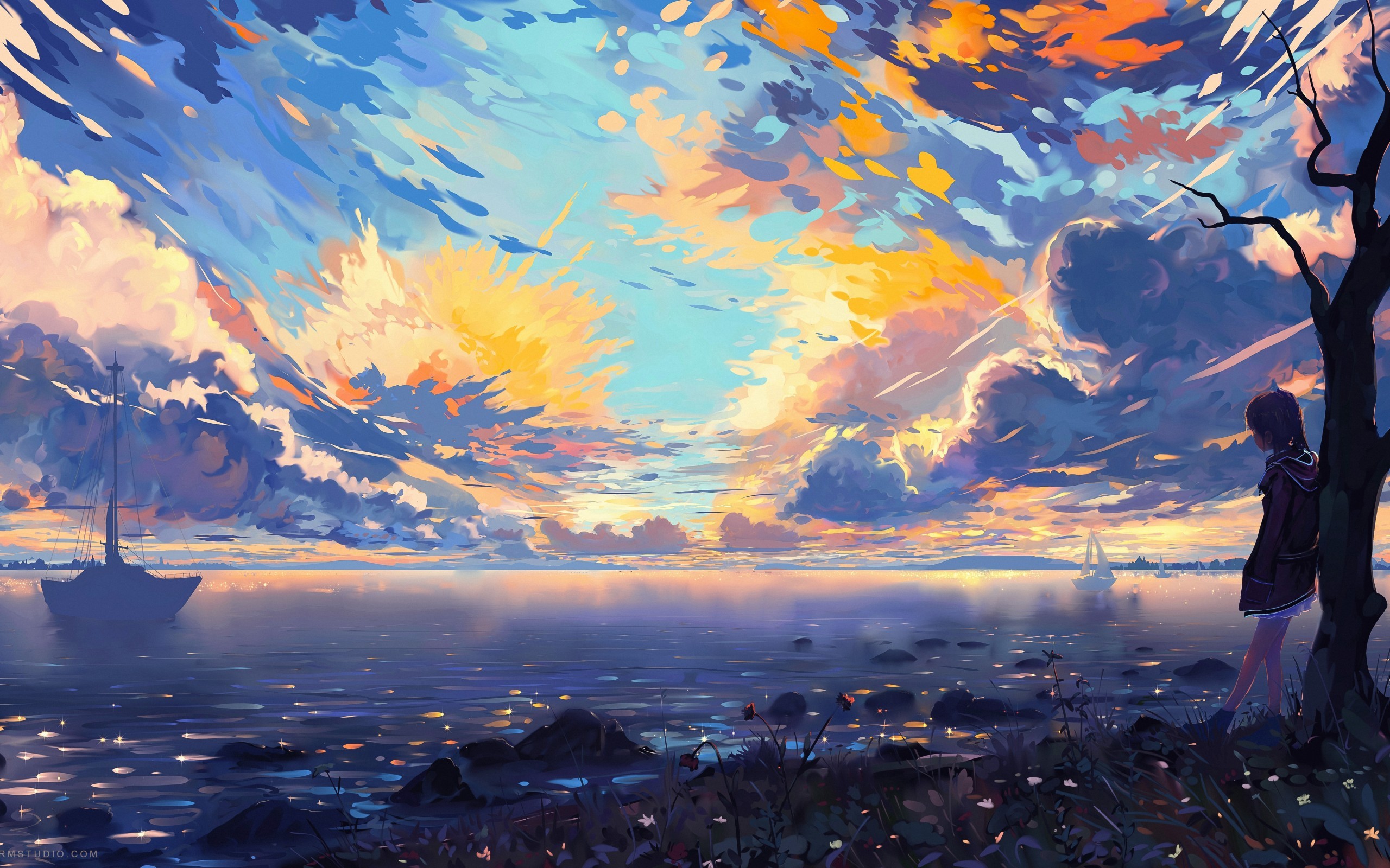 Anime Landscape, Sea, Ships, Colorful, Clouds, Scenic, - Anime Landscape - HD Wallpaper 