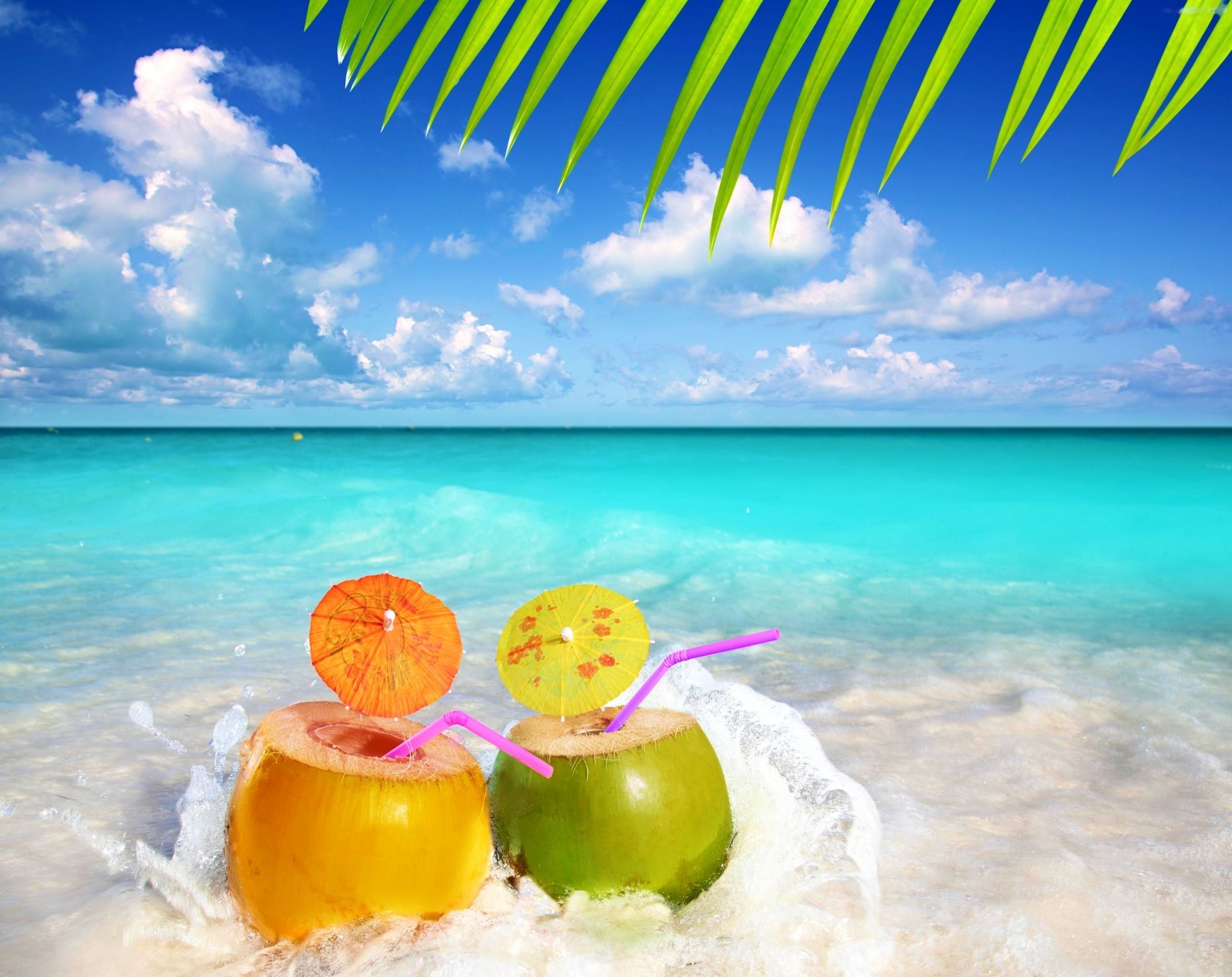 Fruit Water Snacks Sea Summer Palm Beach Wallpaper - Summer Beach Desktop Backgrounds - HD Wallpaper 