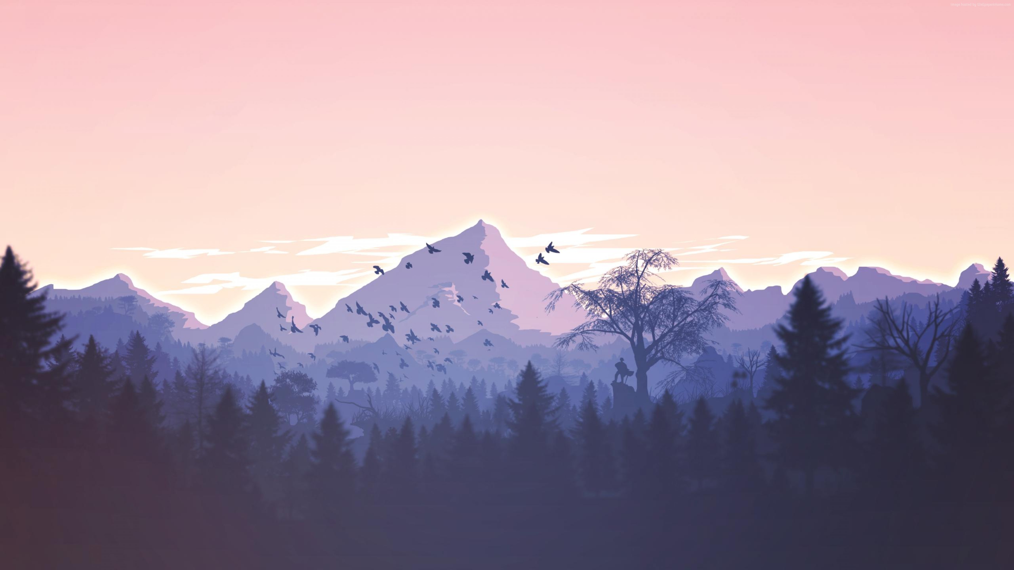 3840x2160, Wallpaper Forest, Mountains, Violet, Birds, - Mountain Wallpaper 4k - HD Wallpaper 