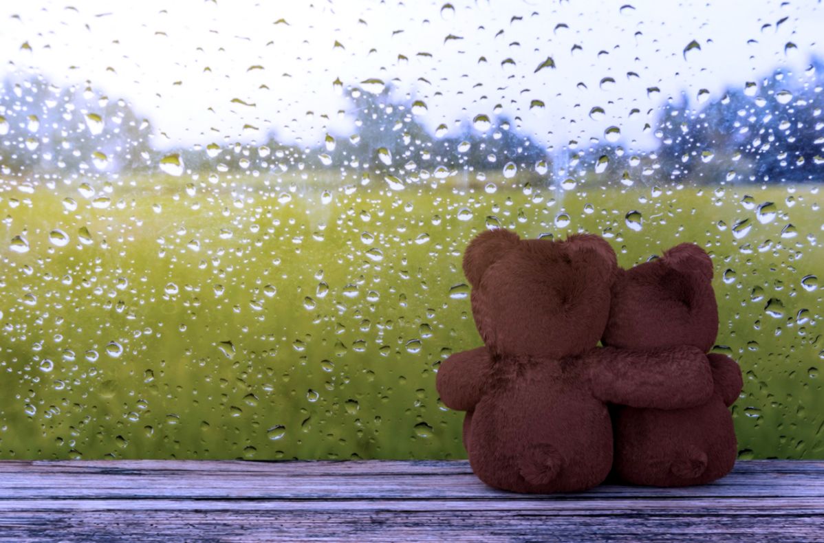 Wallpaper Glass Drops Love Rain Bear Pair Love Rain - Romantic Rain Wallpaper Hd - HD Wallpaper 