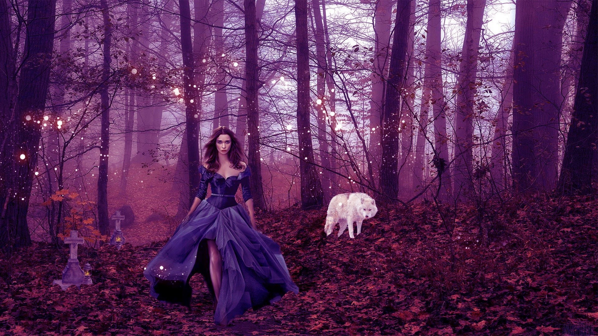 Creative Wood Tree Girl Fall Adult Woman Winter Landscape - Unicorn In The Forest - HD Wallpaper 