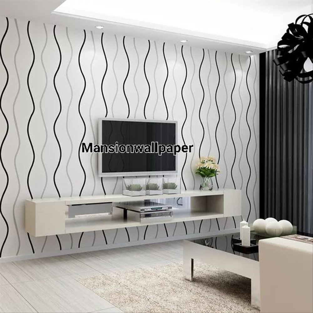 Wallpaper Dinding Minimalis Garis Simple Hitam Putih - Sala Modelo Com Papel De Parede - HD Wallpaper 