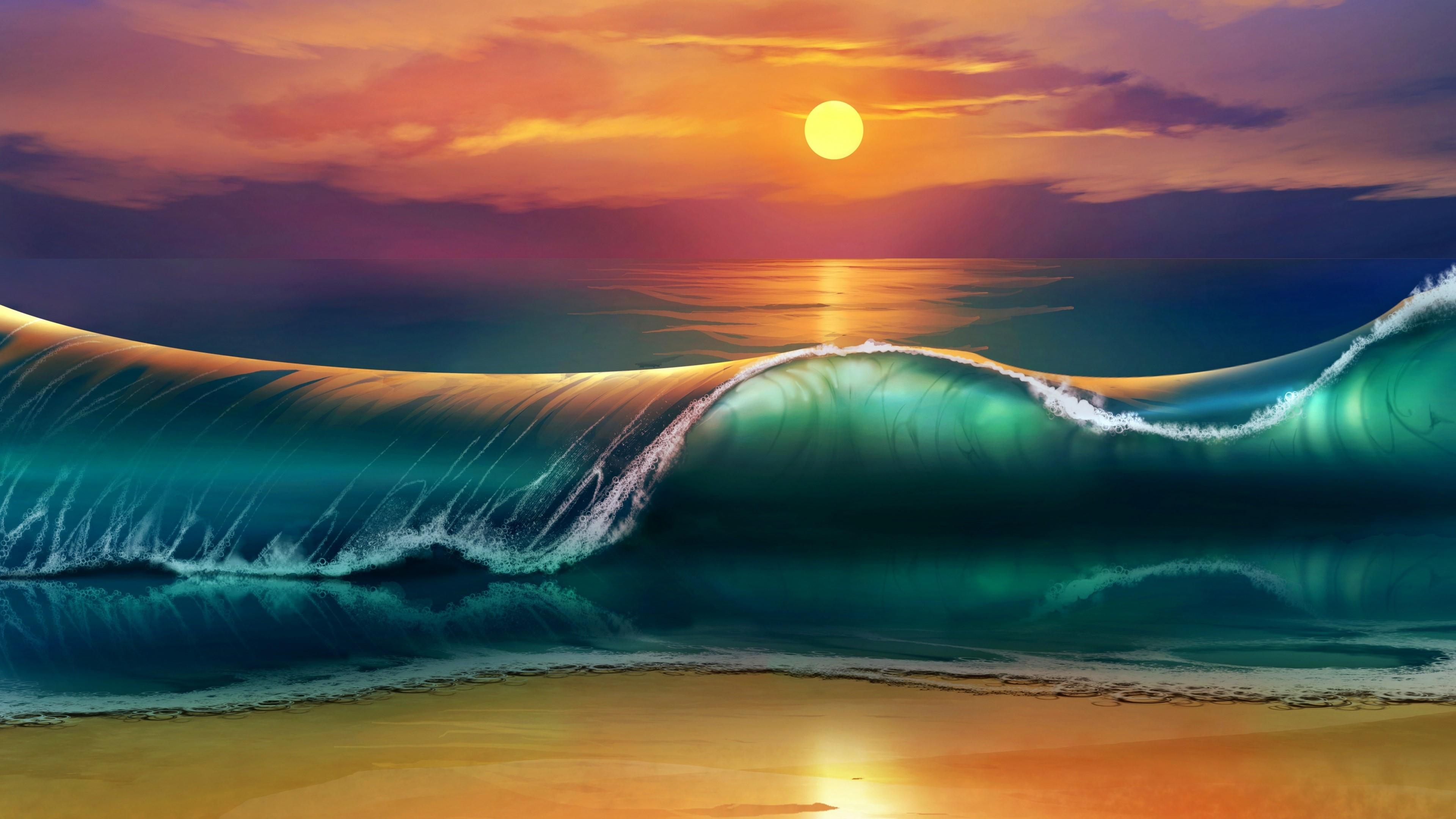 Sunset Beach Ocean Waves - HD Wallpaper 