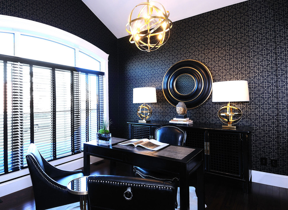 Magnificent Credenza Desk In Home Office Contemporary - Black Office Design - HD Wallpaper 