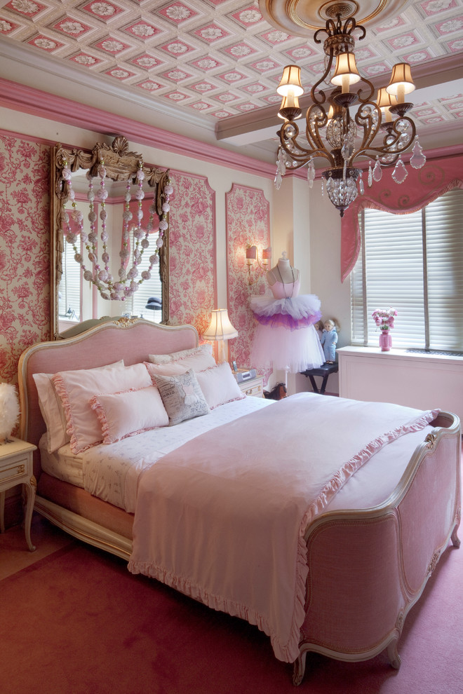 Pink Damask Girls Room French Provincial Bed Regency - French Provincial Pink Bedroom - HD Wallpaper 