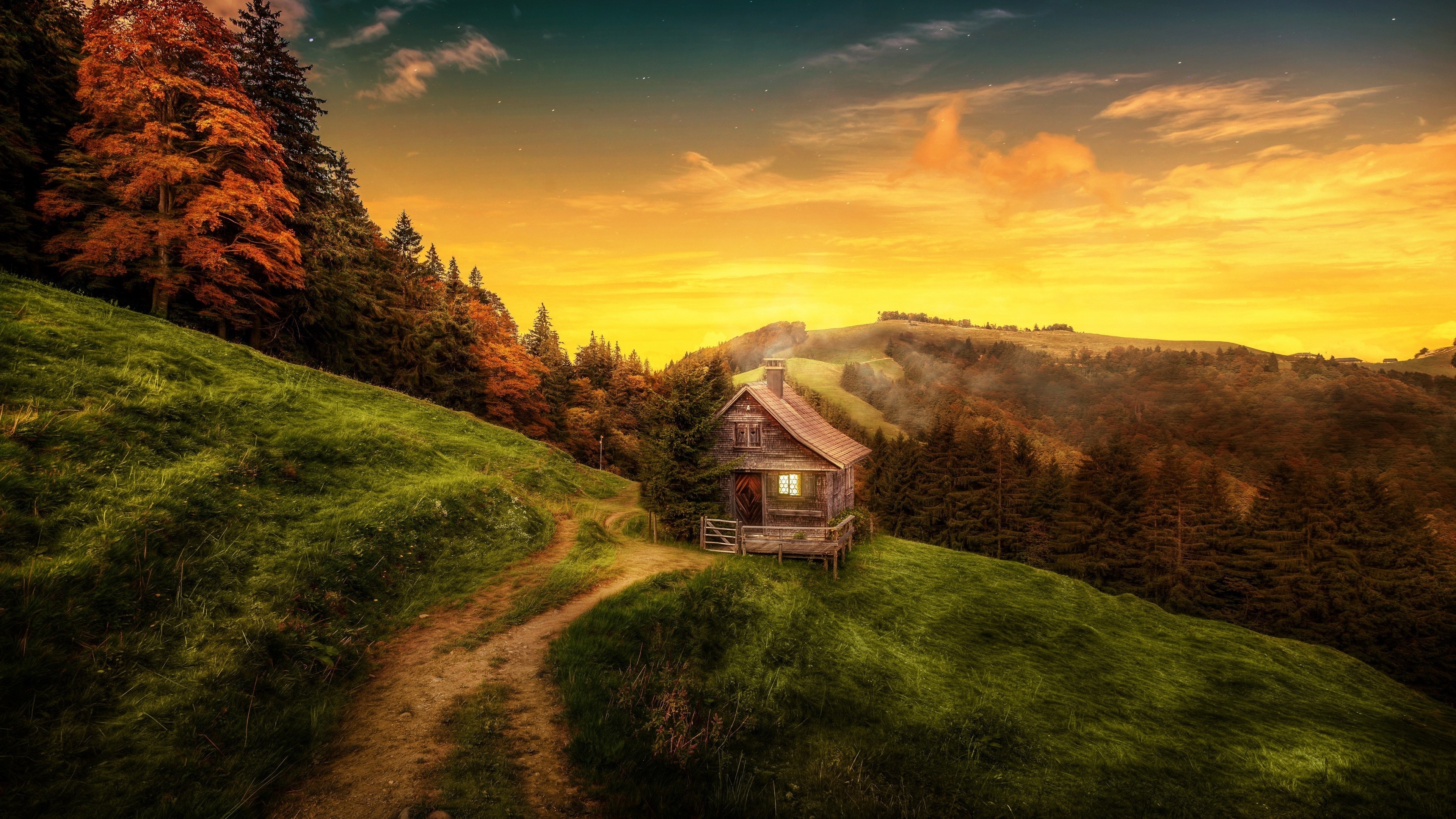 House In Mountains Art - HD Wallpaper 