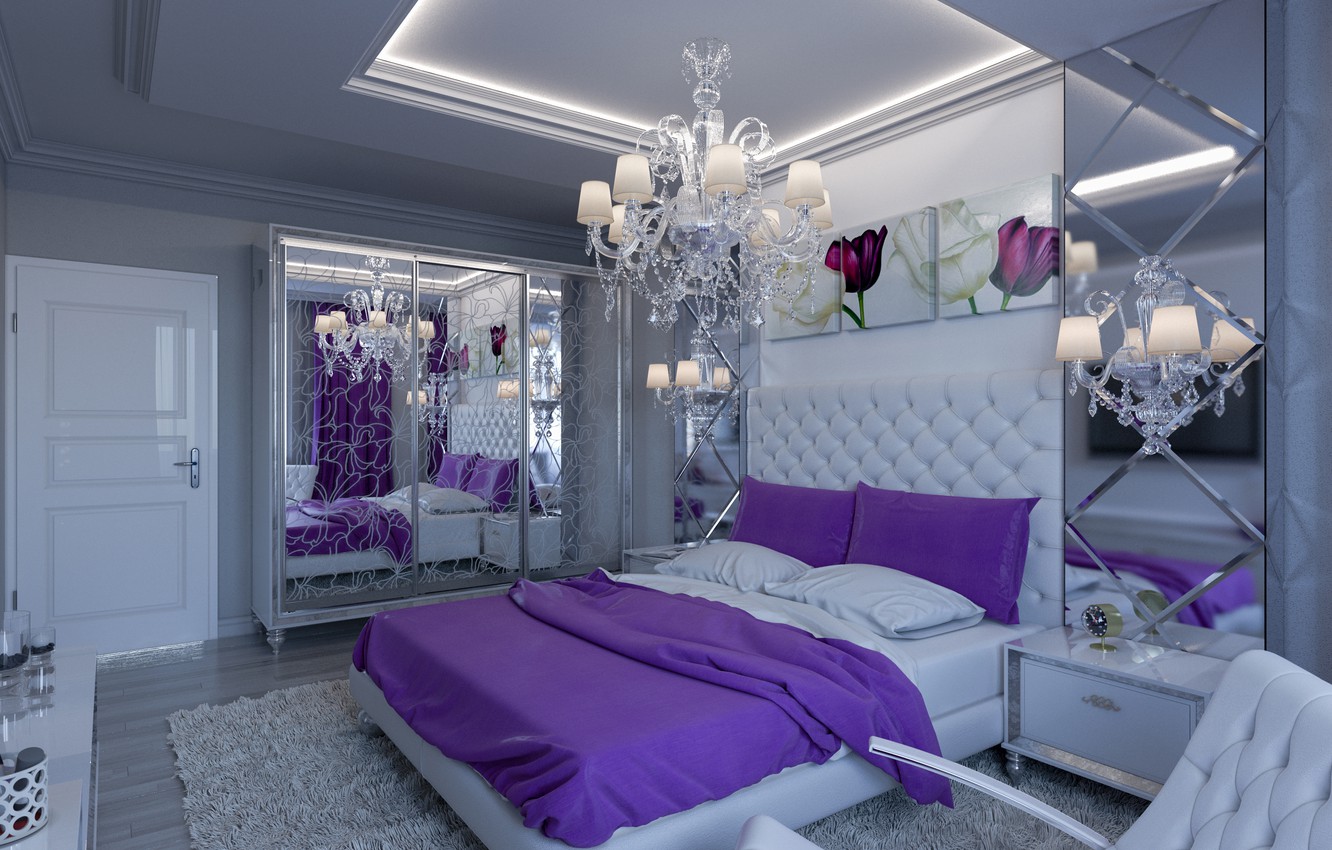 Photo Wallpaper Furniture, Bed, Interior, Chandelier, - Violet And White Bedroom - HD Wallpaper 