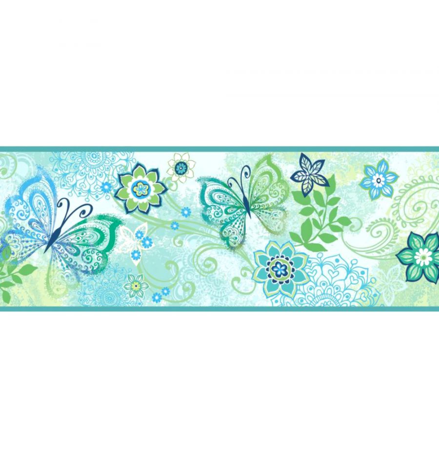 Chesapeake Fantasia Blue Boho Butterflies Scroll Wallpaper - Butterfly Border - HD Wallpaper 