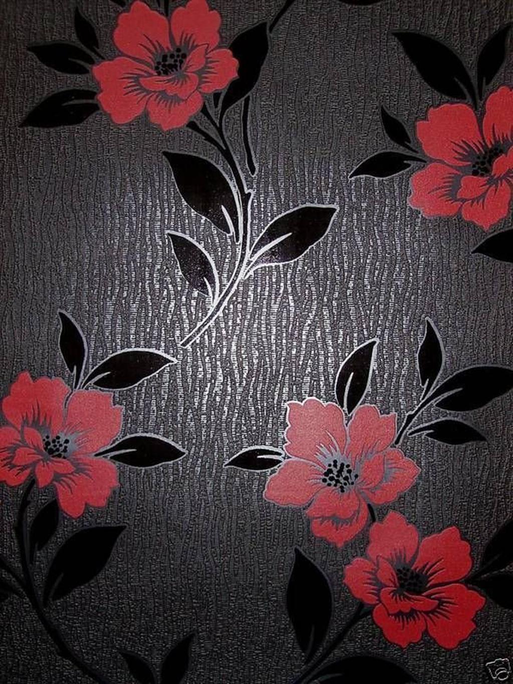 Designer Feature Wall Textured Vinyl Wallpaper Black - Black Wallpaper With Red Flowers - HD Wallpaper 