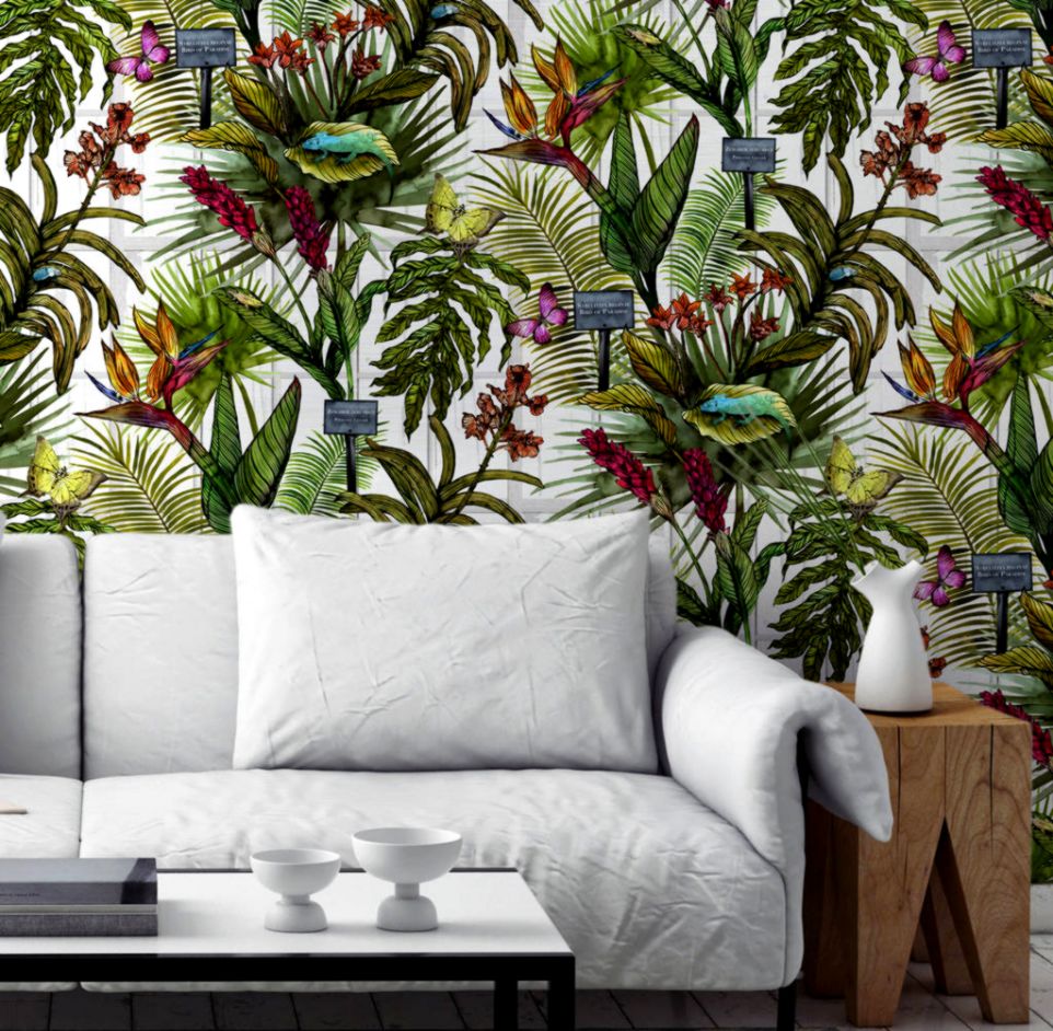 Glasshouse Tropical Botanical Print Wallpaper By Terrarium - Botanical Wallpaper Living Room - HD Wallpaper 