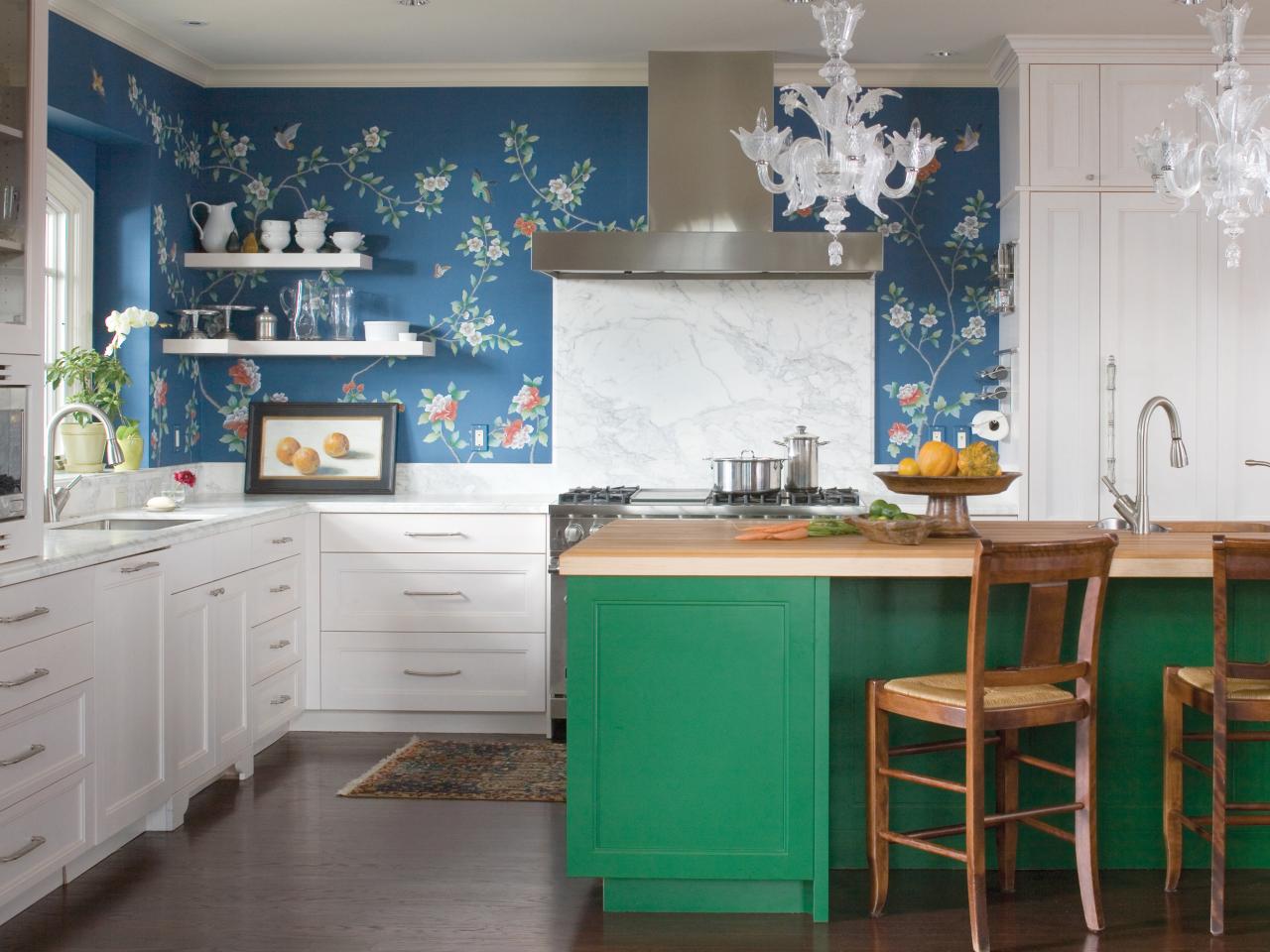 White Kitchen With Blue, Green And Floral Accents - Wall Painting For Kitchen - HD Wallpaper 