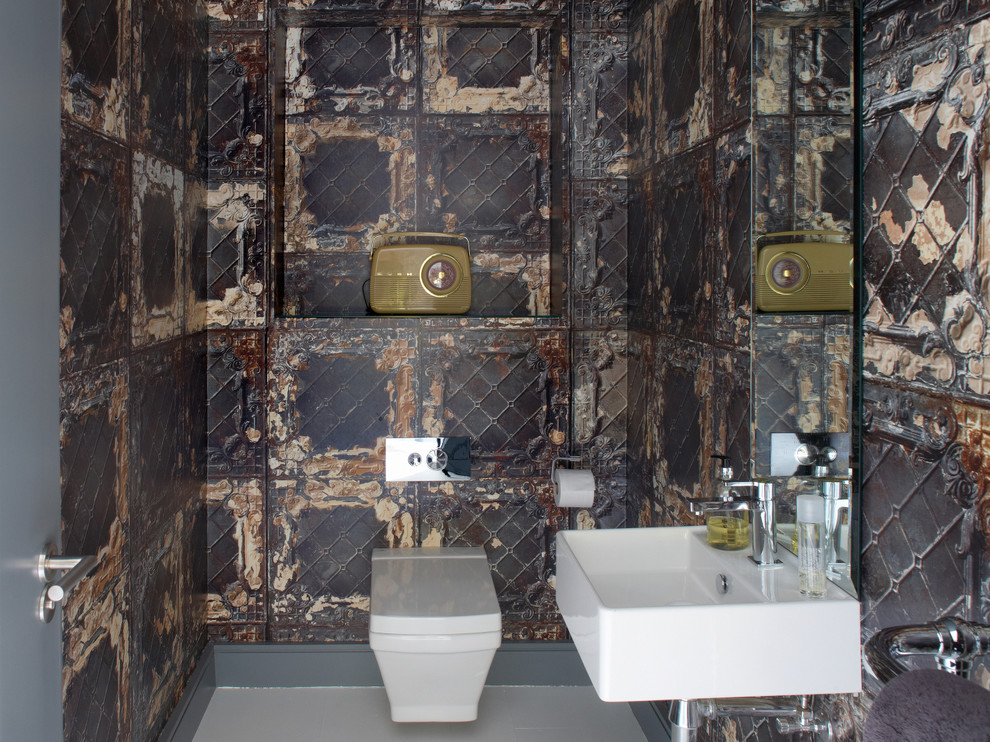 Contemporary Metallic Wallpaper With Mounted Toilets - Nlxl Brooklyn Tins Wallpaper Tin 07 - HD Wallpaper 