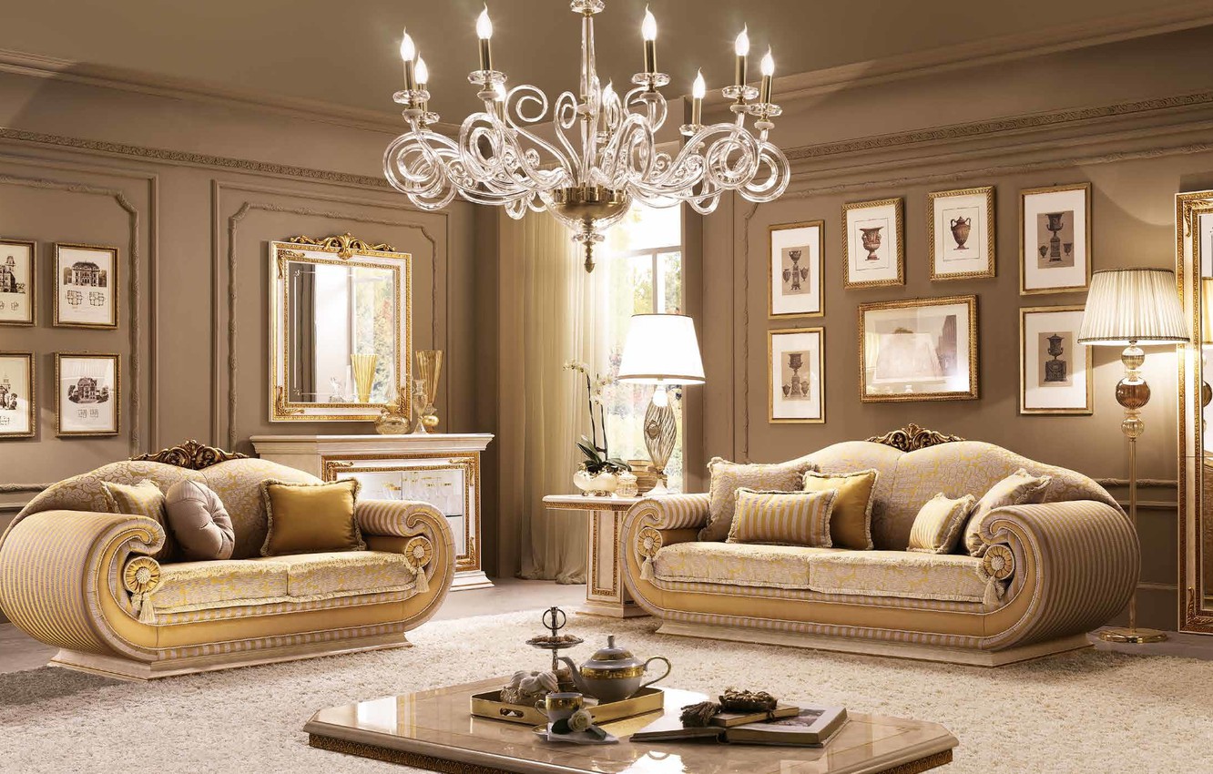 Photo Wallpaper Sofa, Interior, Chair, Mirror, Chandelier, - Classic Living Room Ideas - HD Wallpaper 