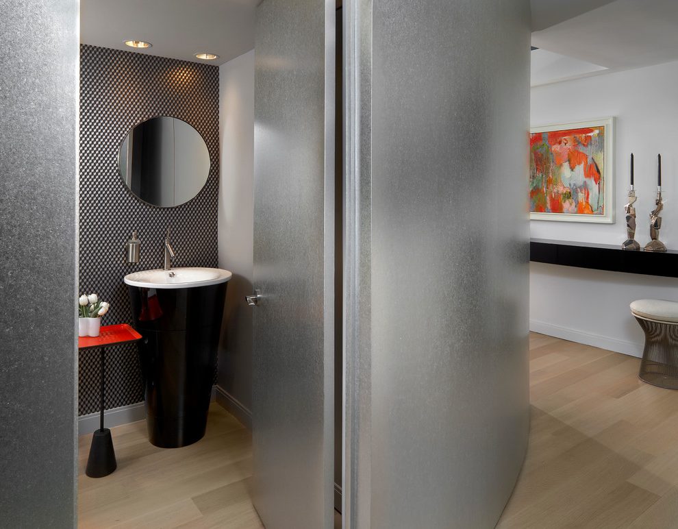 Chicago Black Wallpaper With Modern Vessel Sinks Powder - Interior Design - HD Wallpaper 