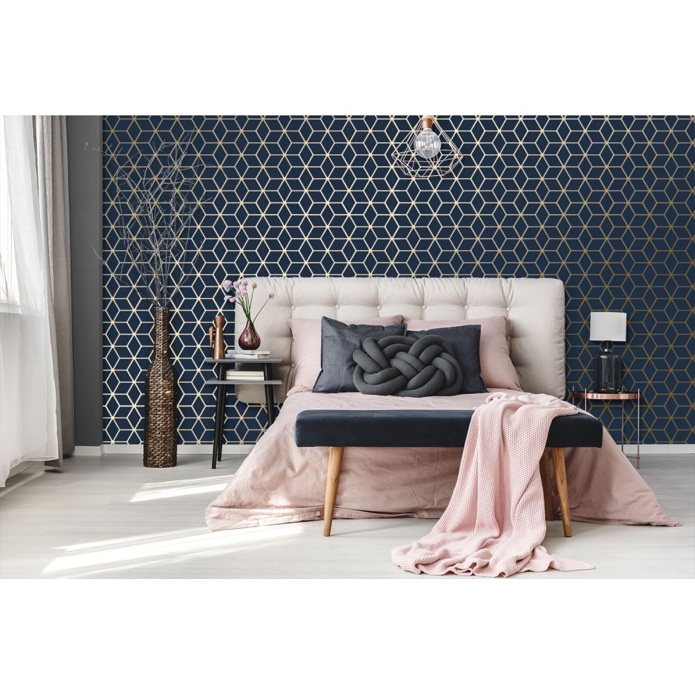Navy And Gold Wallpaper Bedroom - HD Wallpaper 