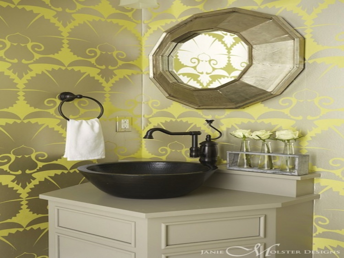 Gray And Yellow Pattern Metallic Wallpaper Contemporary - Bathroom - HD Wallpaper 