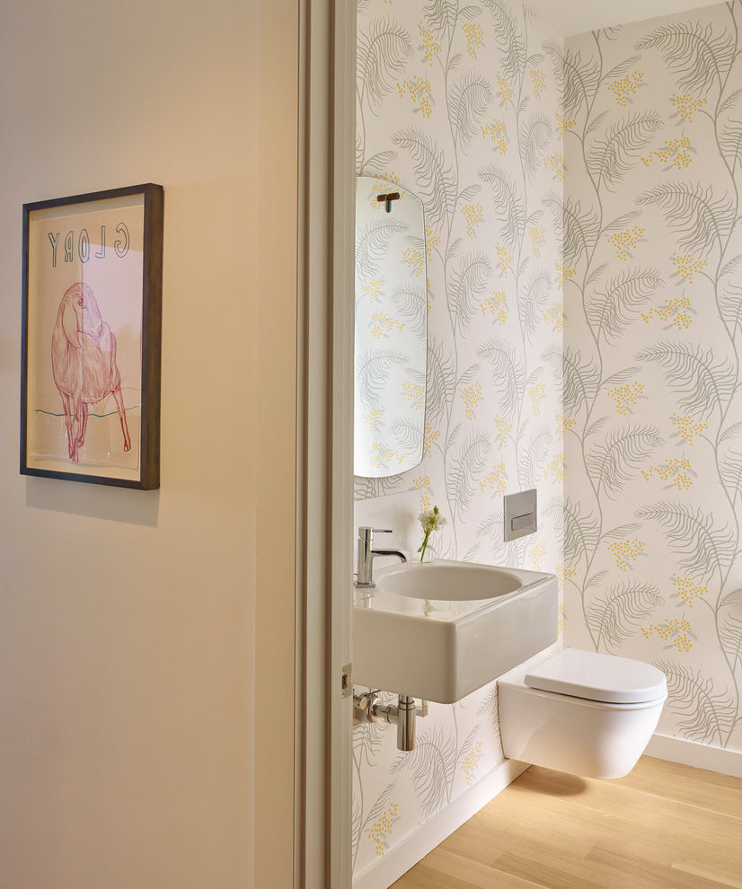 White Toilet Powder Room Transitional Printed Wallpaper - Bathroom - HD Wallpaper 