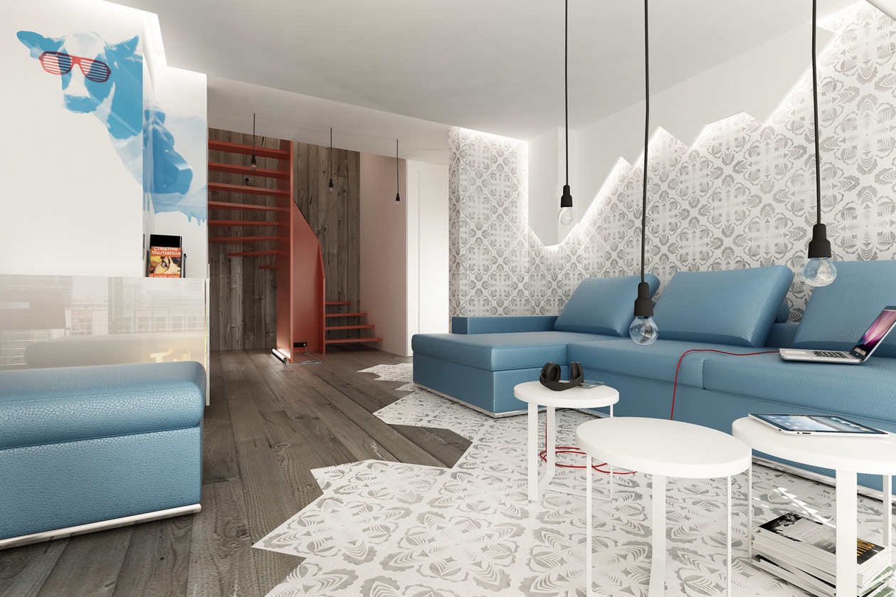 White And Blue Modern Living Room - HD Wallpaper 