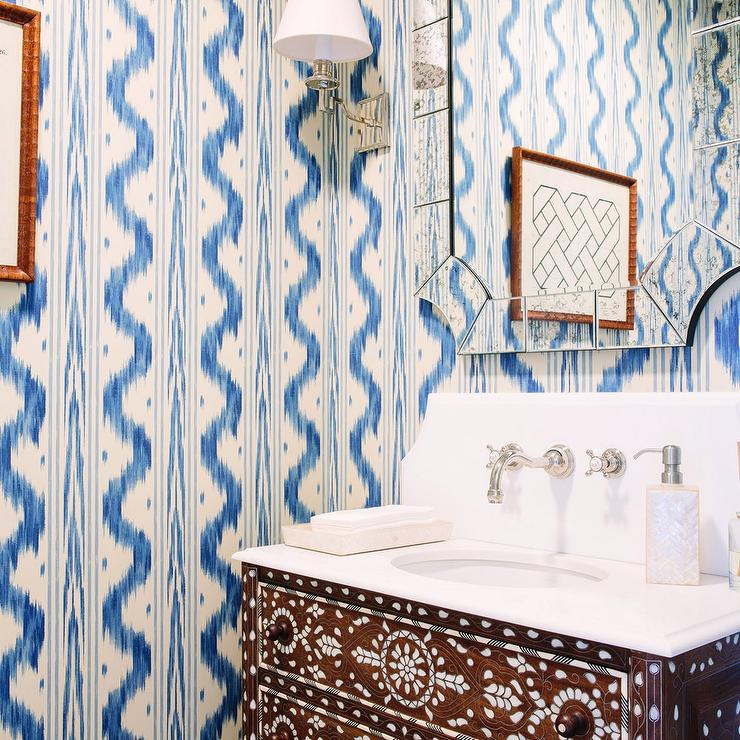 Blue And Brown Powder Room With Mosaic Tiled Vanity - Bathroom - HD Wallpaper 