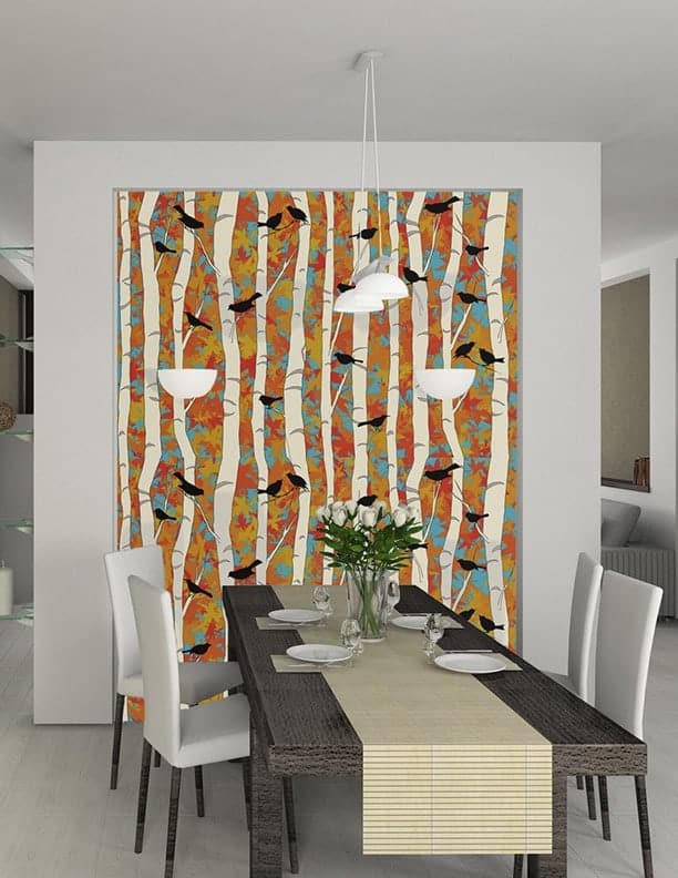 Casart Coverings Birds & Birch In Modern Dining Room - Dining Rooms Orange And Grey - HD Wallpaper 