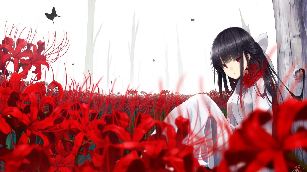 Red Eyes, Anime Girl, Butterfly, Flowers, Black Hair, - Red And Black Anime  - 1280x720 Wallpaper 