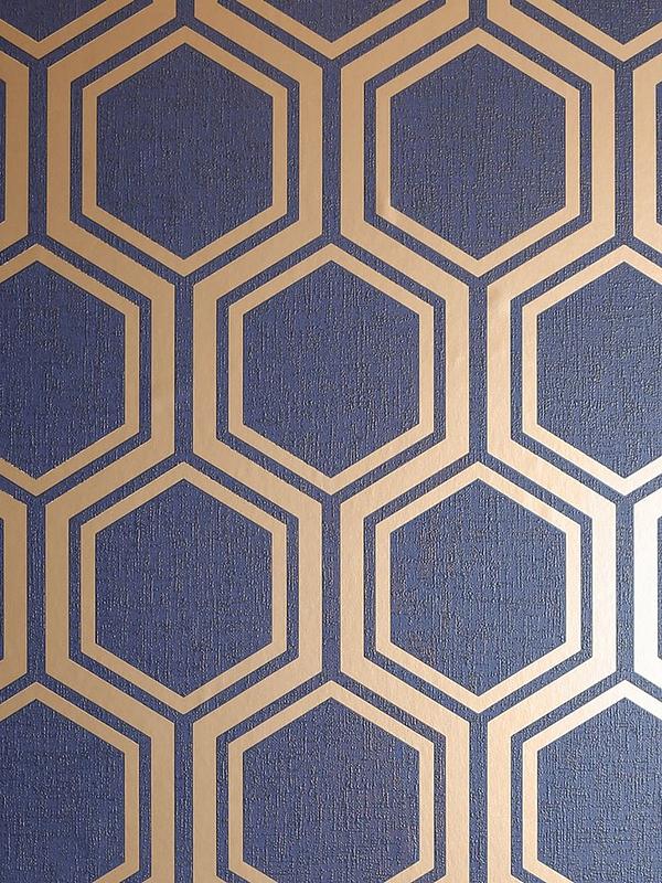 Navy Blue Wallpaper With Gold Metallic Geometric Pattern - HD Wallpaper 