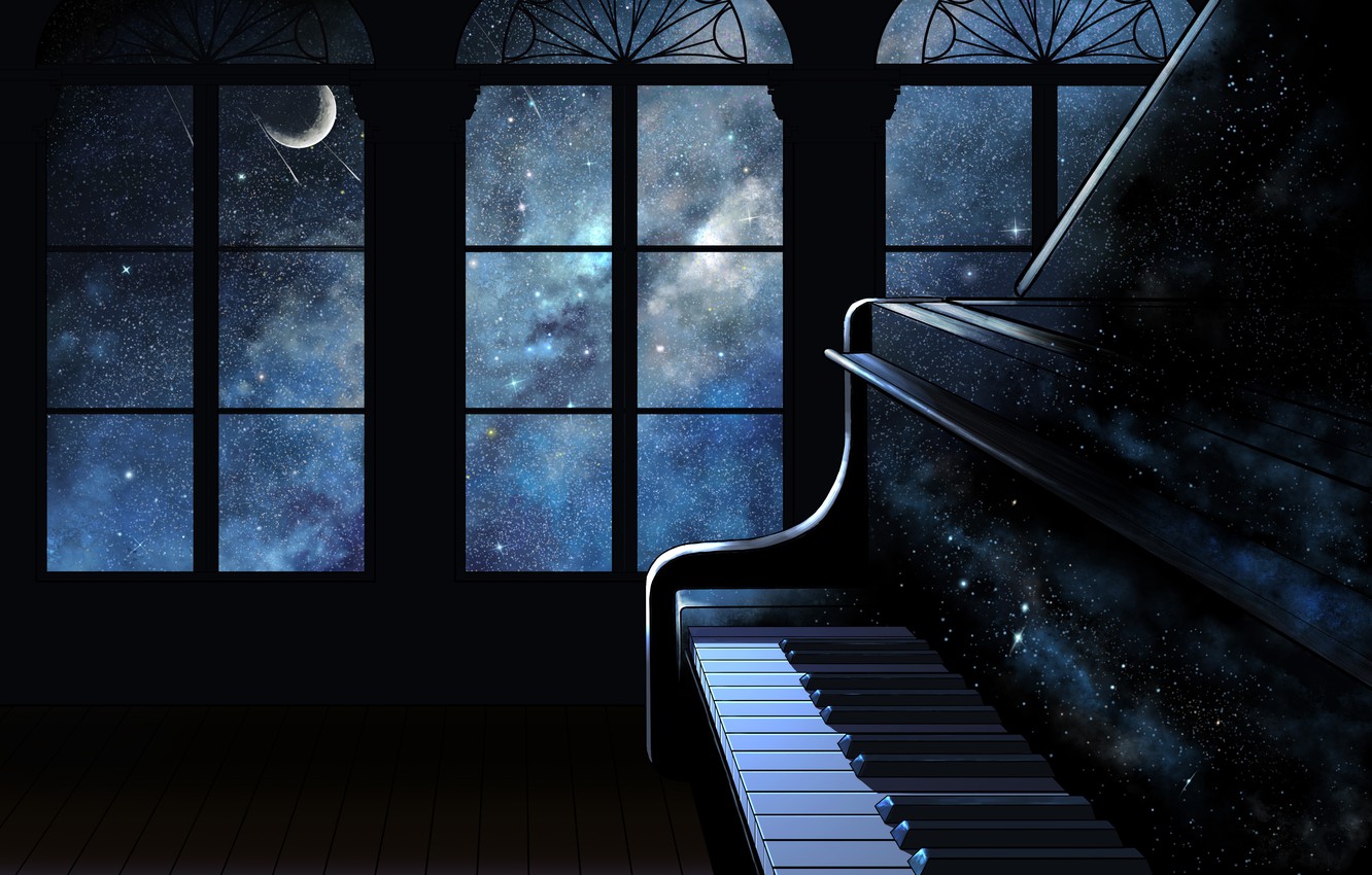 Photo Wallpaper Space, Interior, Piano - Night Sky Through Window - HD Wallpaper 
