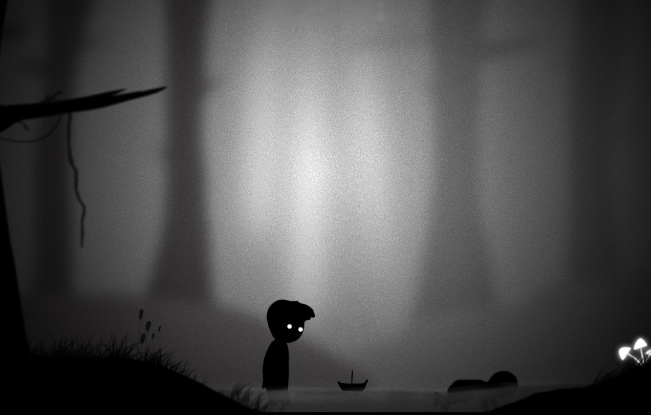 Photo Wallpaper River, Mushrooms, Boy, Art, Boat, Limbo - Sad Limbo - HD Wallpaper 