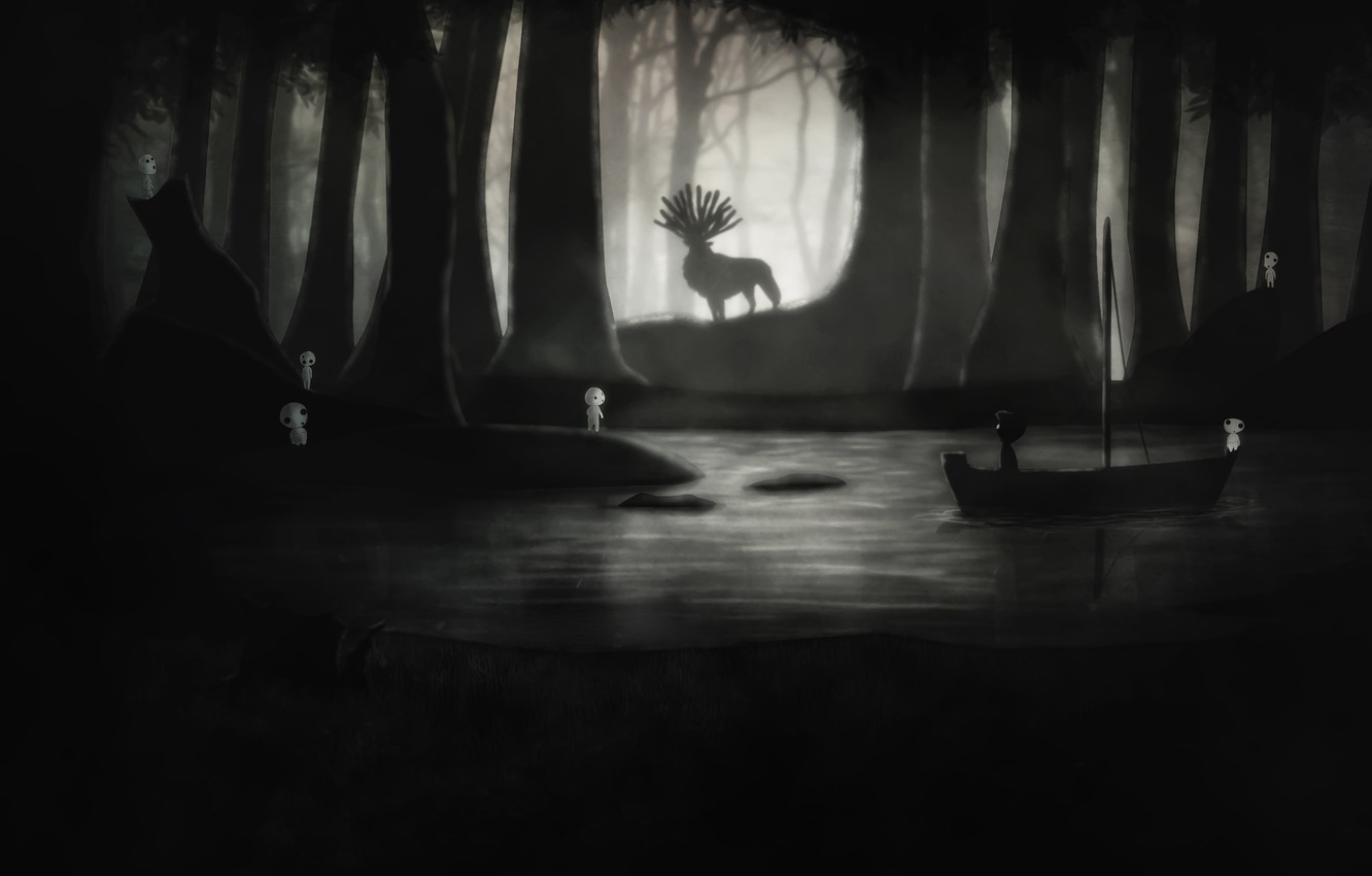 Photo Wallpaper Night, River, Boy, Deer, Art, Limbo - Creepy Studio Ghibli - HD Wallpaper 