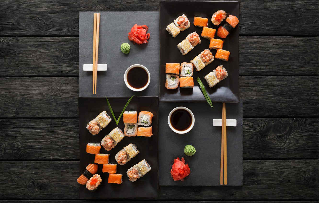 Photo Wallpaper Sticks, Sauce, Sushi, Sushi, Rolls, - Black Slate Platter Food - HD Wallpaper 