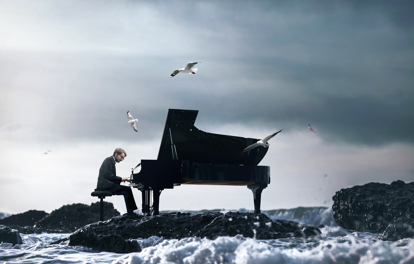 Photo Wallpaper Wave, Seagulls, Piano, Pianist, Vincent - Пианист Обои - HD Wallpaper 