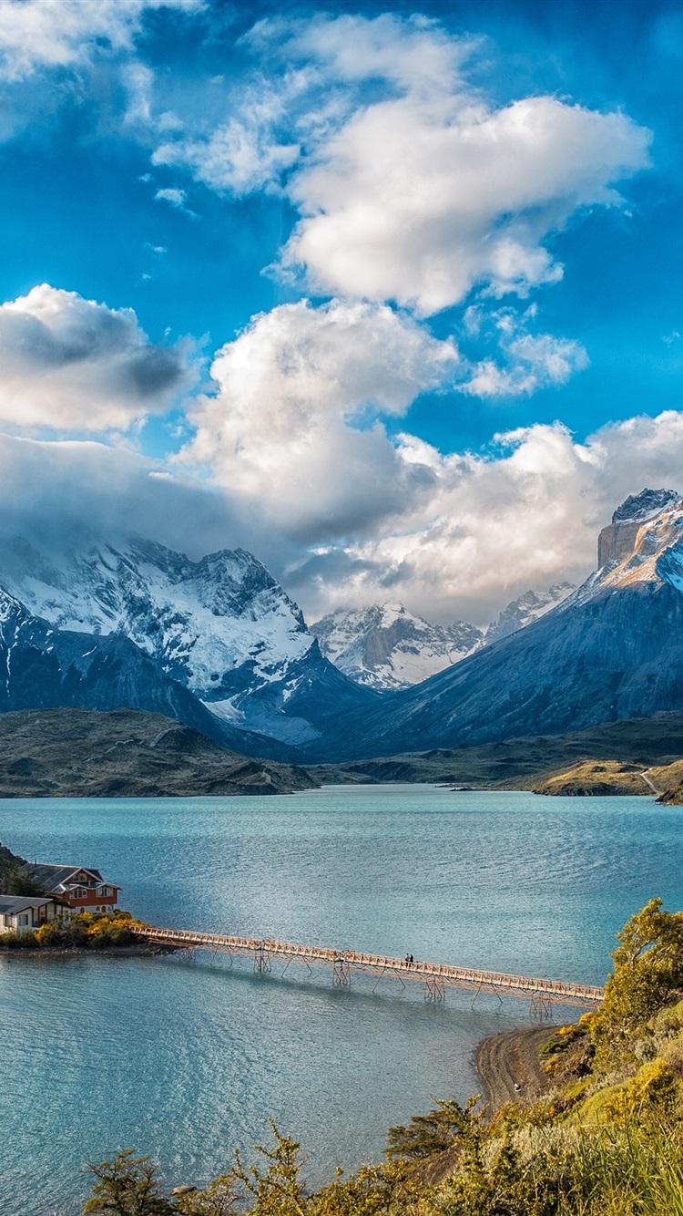 Iphone Wallpaper Chile, Mountains, Houses, Bridge, - Torres Del Paine National Park - HD Wallpaper 