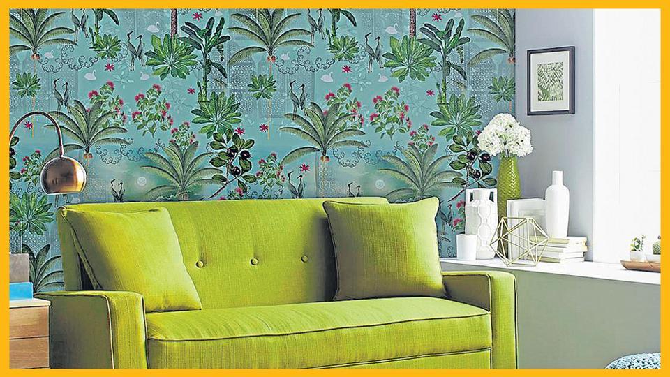 Add A Botanical Touch By Putting Up Wallpaper On One - Studio Couch - HD Wallpaper 