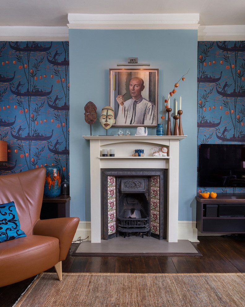 London Chimney Breast With Eclectic Wall Sculptures Cole And Sons