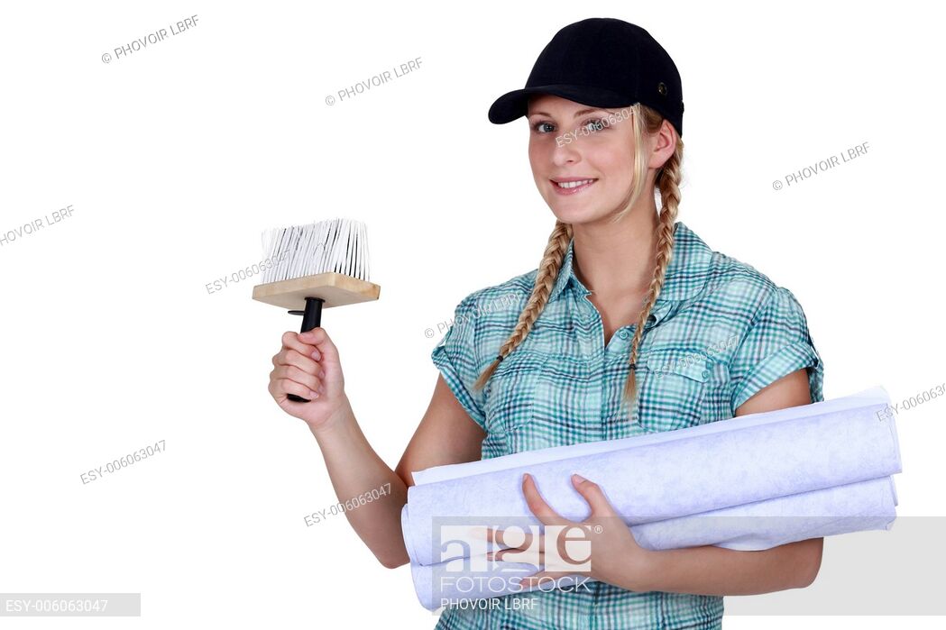 Woman Putting Up Wallpaper - Stock Photography - HD Wallpaper 