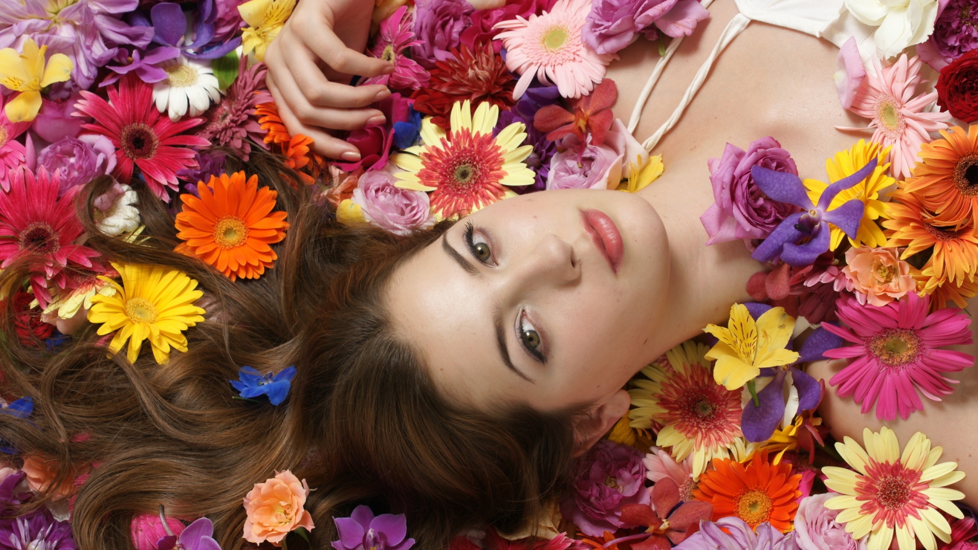 Wallpaper Model Lay Flower Green Eyes - Girl Lying In Flowers - HD Wallpaper 