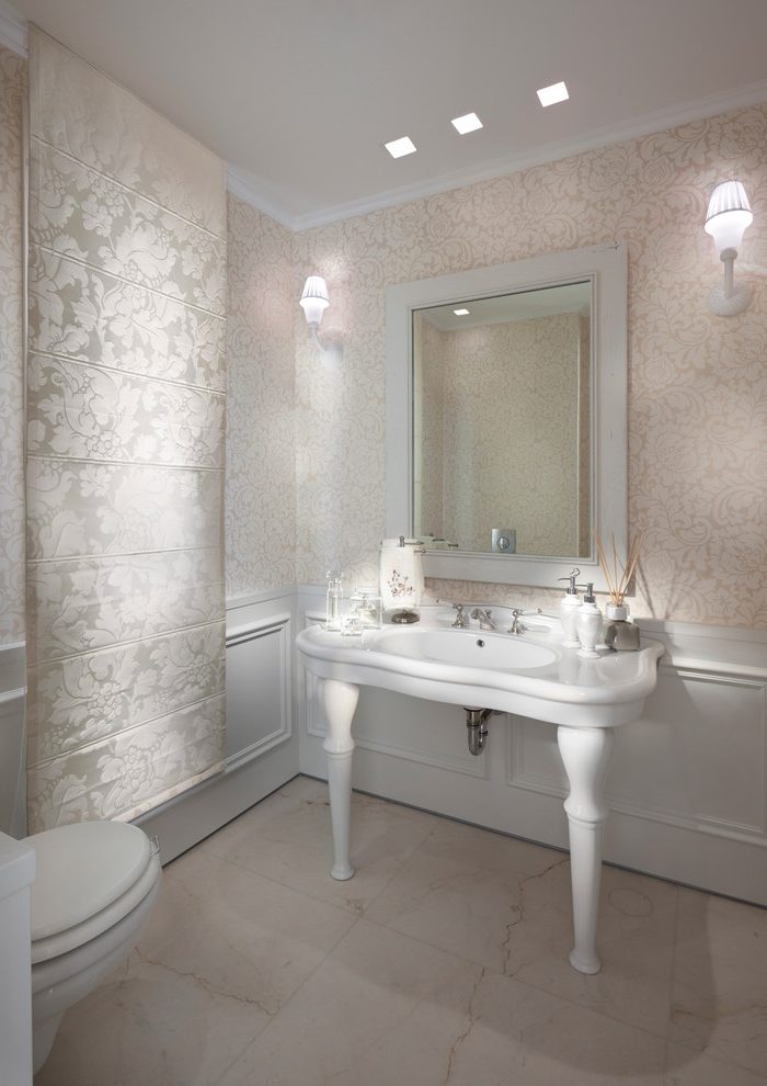 Farmhouse Style Lamps - Silcer Wallpaper In Bathroom - HD Wallpaper 