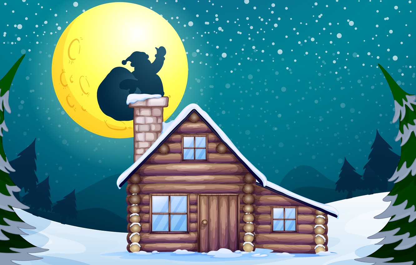 Photo Wallpaper Snow, House, Tree, The Moon, Vector, - Santa Claus House With Chimney - HD Wallpaper 