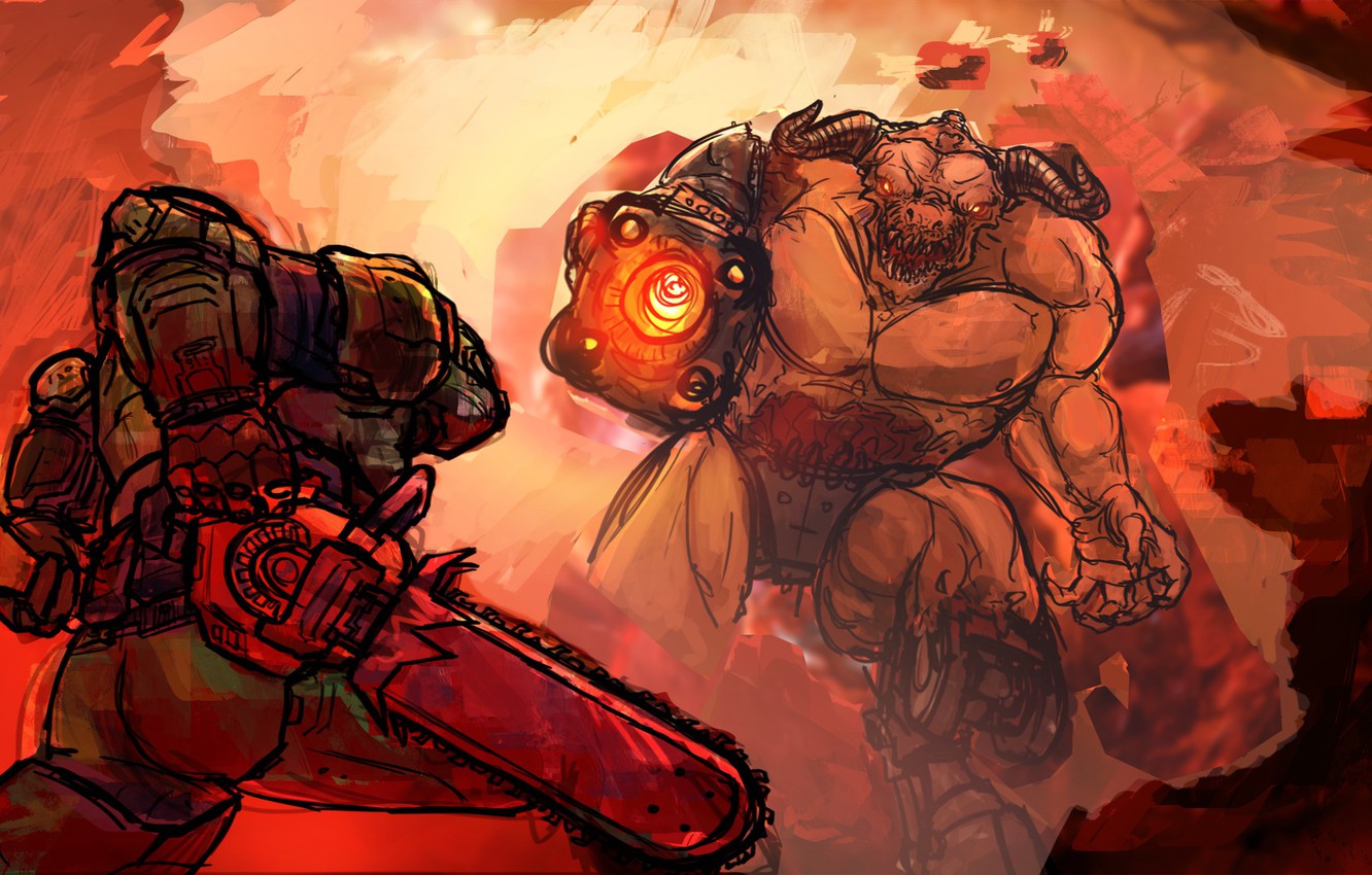 Photo Wallpaper Demon, Soldier, Shotgun, Fan Art, Doom, - Doom Fan Art - HD Wallpaper 