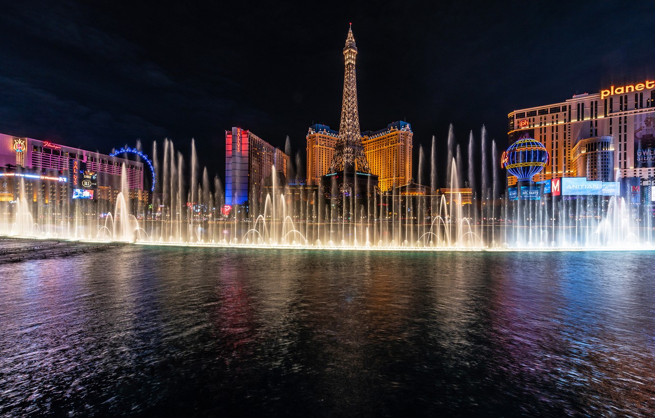 Photo Wallpaper Night, Building, Las Vegas, Fountain, - Paris Hotel And Casino - HD Wallpaper 
