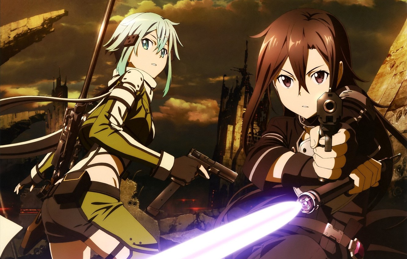 Photo Wallpaper Gun, Ruins, Guy, Rifle, Blue Hair, - Sao Kirito X Shino - HD Wallpaper 