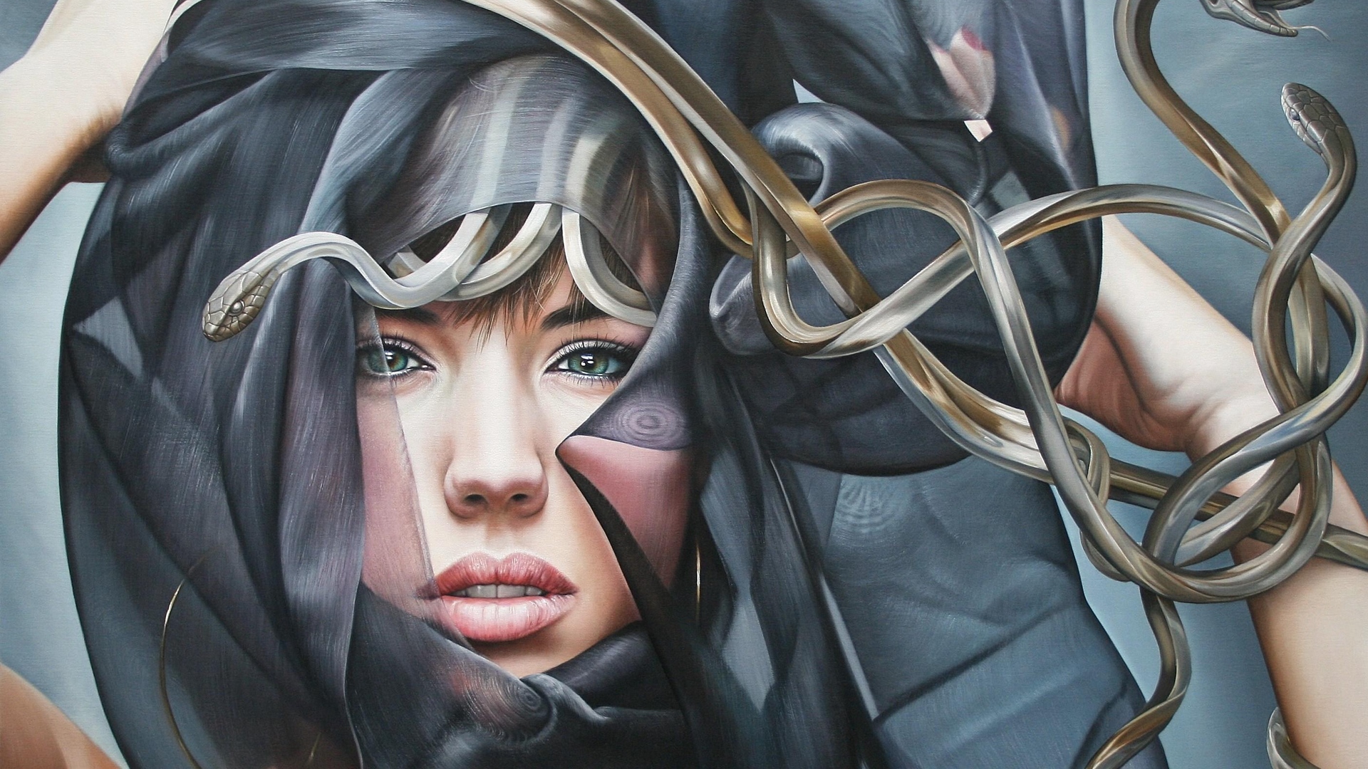 Wallpaper Gorgon, Medusa, Scarf, Snake - Christiane Vleugels Paintings - HD Wallpaper 