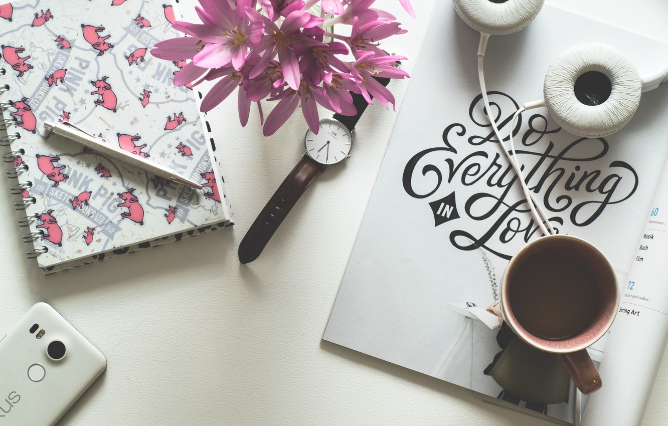 Photo Wallpaper The Inscription, Coffee, Headphones, - Watch Photography In Desk - HD Wallpaper 