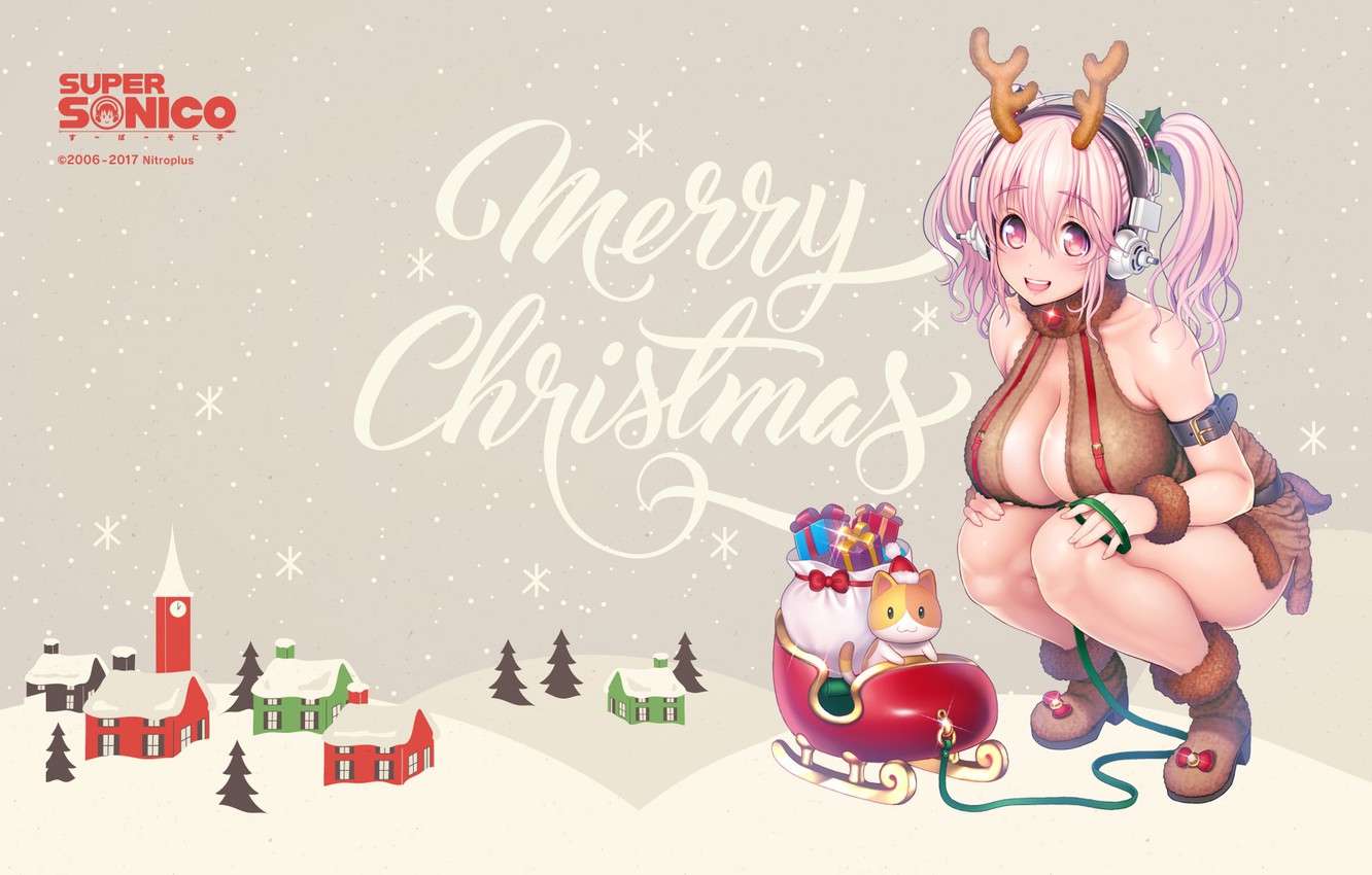 Photo Wallpaper Christmas, Art, Girl, Super Sonic, - Super Sonico Xmas Art - HD Wallpaper 