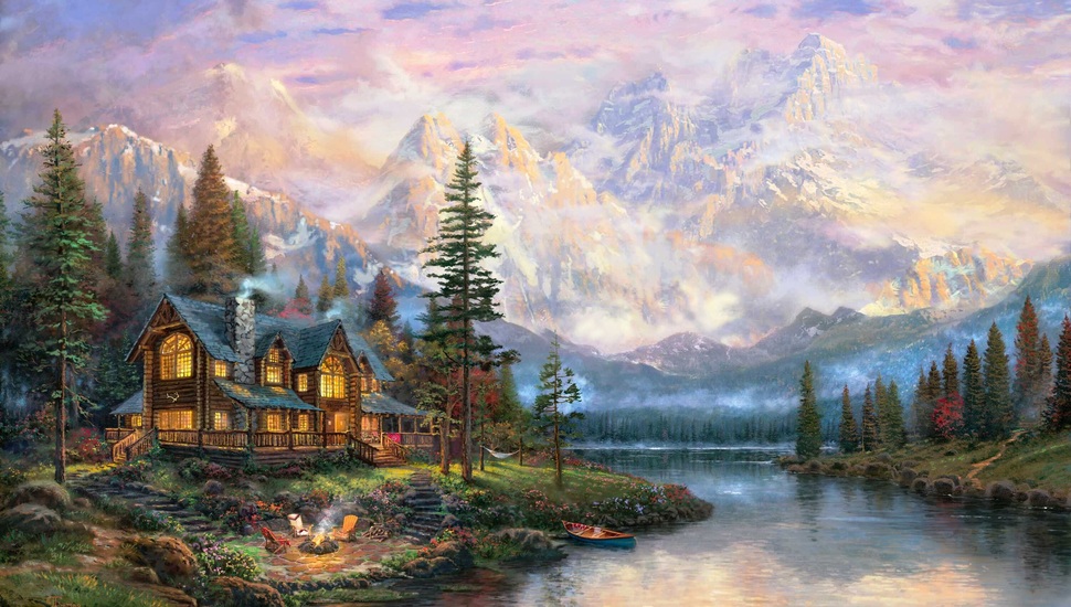 Thomas Kinkade, Painting, Cathedral Mountain Lodge, - Thomas Kinkade - HD Wallpaper 