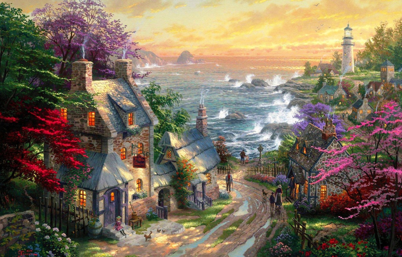 Photo Wallpaper Road, Sea, Lighthouse, Home, Village, - Thomas Kinkade The Village - HD Wallpaper 