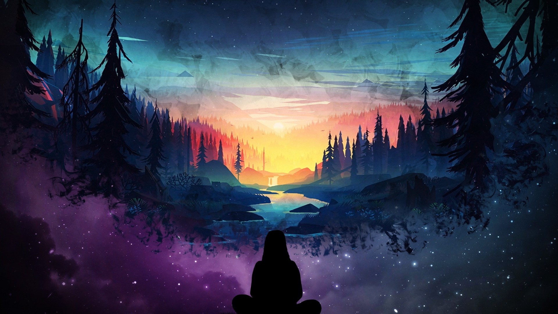 River, Girl, Silhouette, Forest, Scenic, Stars, Two - Digital Art - HD Wallpaper 